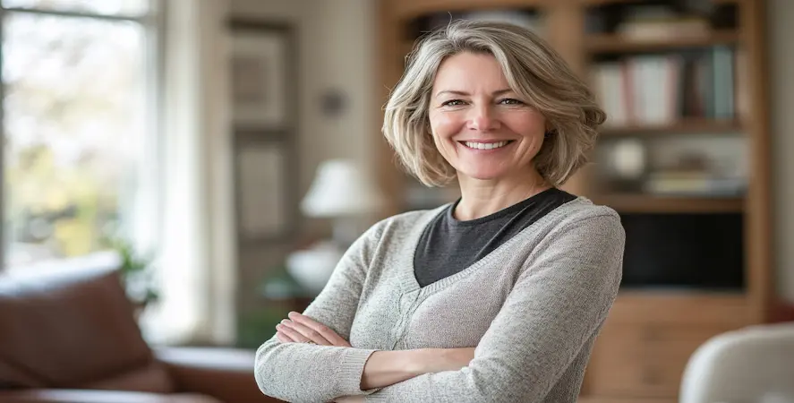 a woman with grey-sh blonde hair in a home office smiling with her arms casually crossed