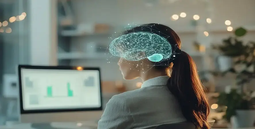 A woman is sitting at her desk, facing a computer with data charts displayed on the screen. Above her head is a glowing digital representation of a brain, symbolizing the concept of a "second brain" – a system used to store and organize information digitally. The background has a cozy, softly lit home office setting, creating a serene and focused atmosphere