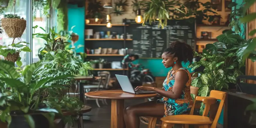 A woman is working on her laptop in a vibrant café filled with lush green plants. The environment is cozy and full of natural elements, with wooden tables and chairs adding warmth to the setting. The woman appears focused and relaxed, suggesting a balance between productivity and comfort. The café’s menu is visible in the background, contributing to the tranquil, yet lively ambiance.