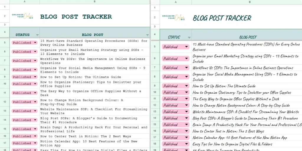 Split screen of the Blog Post Tracker in Google Sheets - both have different fonts