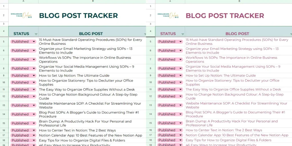 Split screen of the Blog Post Tracker in Google Sheets - the fonts in each are a different color.