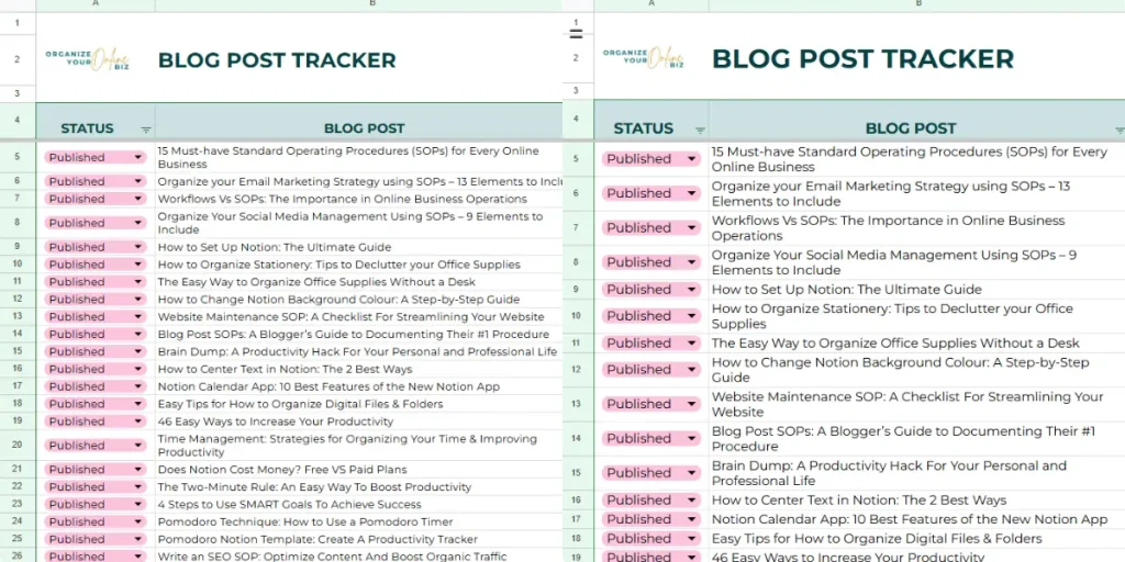 image showing two blog post trackers in Google Sheets both with different sized font.