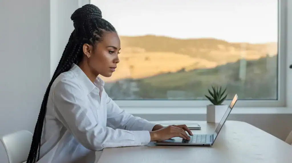 A focused woman works on a laptop at a bright, modern desk with a scenic landscape visible through the window, representing quiet concentration while updating or maintaining a Google Sheets membership tracker.