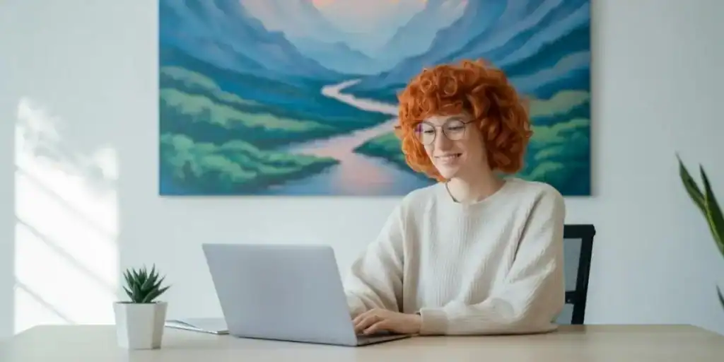 A smiling person with curly red hair working on a laptop in a bright office with a mountain landscape painting behind them, suggesting they are updating or collaborating on a Google Sheets SOP tracker in a creative, organized workspace.