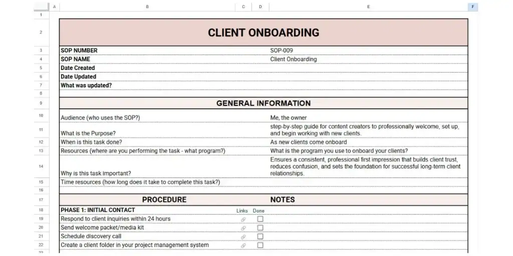 Image of Client Onboarding SOP Template in Google Sheets