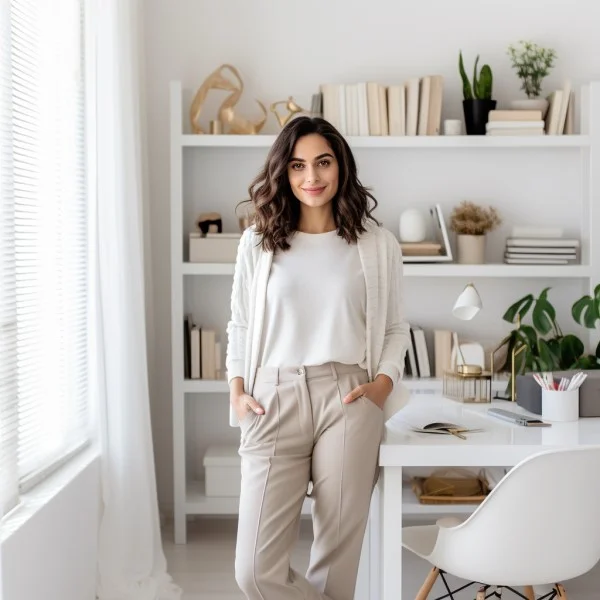 A confident woman standing with hands in pockets in a bright, organized home office space. Behind her are neatly arranged bookshelves with decorative items and plants, reflecting a tidy and stylish workspace. The image conveys a sense of professionalism and personal organization