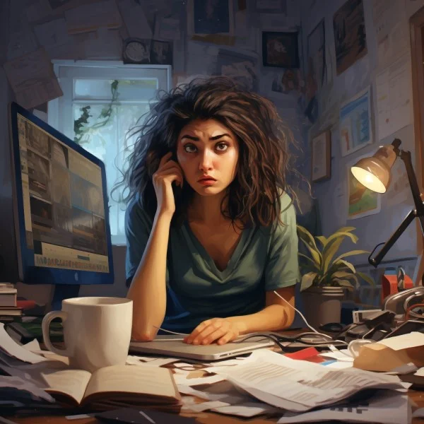 An illustration of a woman with a look of fatigue or concern, sitting at a cluttered desk with a computer screen, scattered papers, books, a coffee cup, and stationery. The setting suggests a late-night work session, illuminated by a desk lamp, with plants adding a touch of life to the otherwise overwhelming environment. This image captures the essence of work-related stress or burnout.