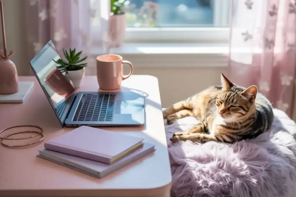 cute home office with a pink desk, a grey laptop, and a calico cat sitting on the fluffy office chair waiting for their person to create SOPs for small business