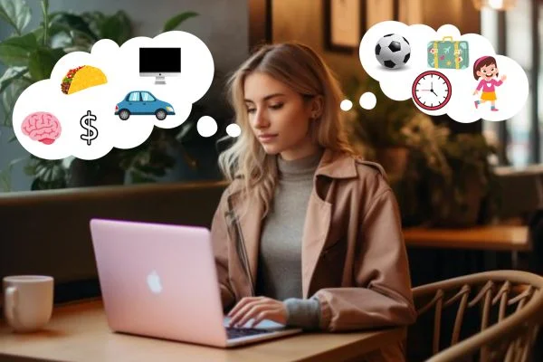 A focused woman typing on a MacBook in a cafe, with a thought bubble illustration containing icons of a taco, a car, a computer, money symbols, a brain, a clock, a soccer ball, and a figurine, representing a brain dump session