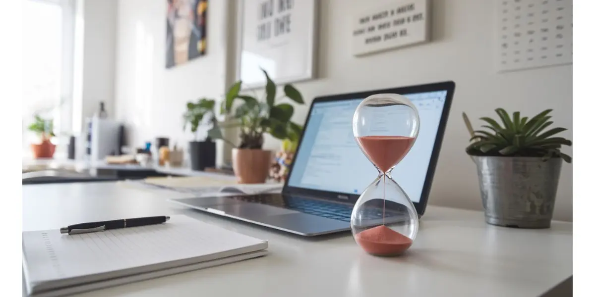 image of an hour glass beside a laptop in a bright organized office