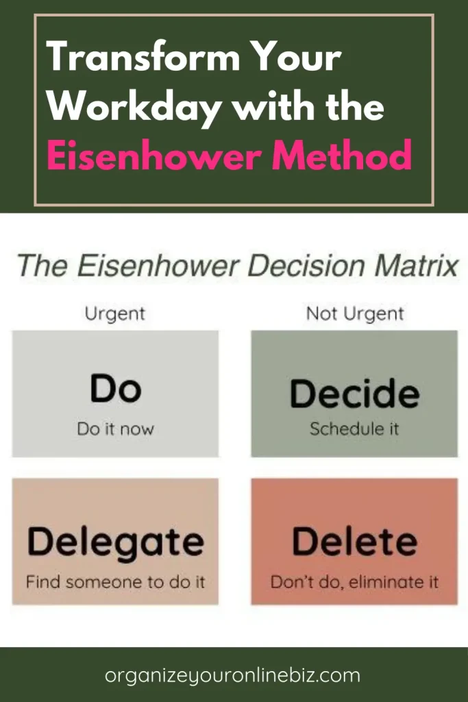 Image featuring a promotional graphic for transforming your workday with the Eisenhower Method. The top section reads 'Transform Your Workday with the Eisenhower Method' in bold text. Below is the Eisenhower Decision Matrix, divided into four quadrants: 'Do' for urgent and important tasks ('Do it now'), 'Decide' for non-urgent but important tasks ('Schedule it'), 'Delegate' for urgent but not important tasks ('Find someone to do it'), and 'Delete' for neither urgent nor important tasks ('Don't do, eliminate it'). The website URL organizeyouronlinebiz.com is displayed at the bottom
