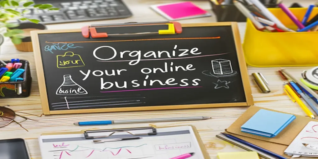 This image features a vibrant and busy workspace setting with a small chalkboard prominently displaying the message "Organize your online business." The chalkboard is adorned with colorful drawings, including a shopping bag, a beaker, and various doodles, suggesting a creative and strategic planning process. Surrounding the chalkboard are various office supplies like pens, markers, paper clips, and notebooks, alongside a keyboard and plant, indicating a productive and well-equipped work environment. The scene effectively conveys the concept of organizing or enhancing an online business workspace.