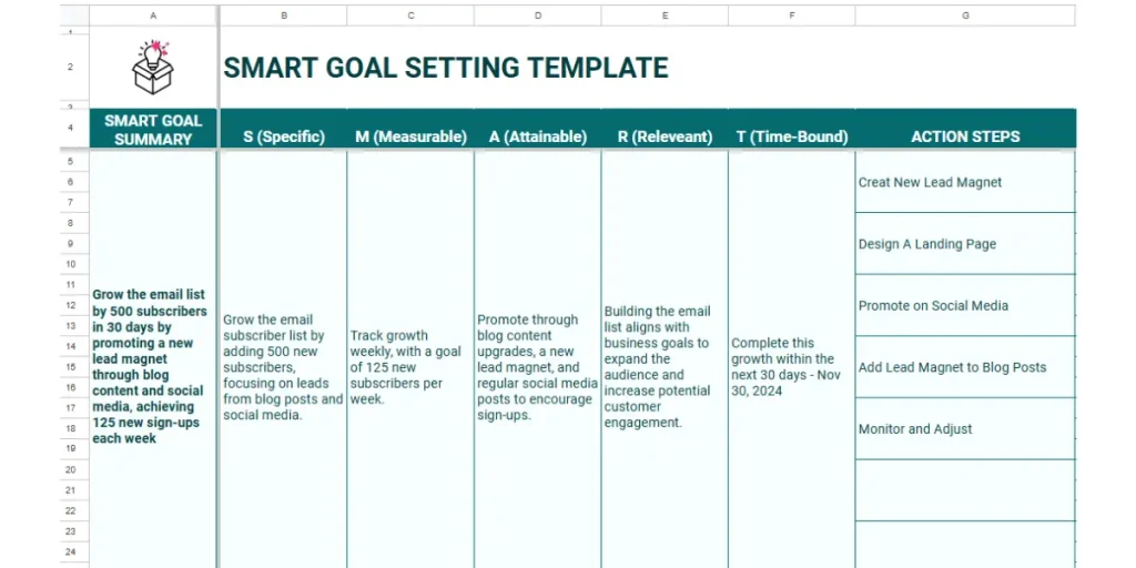 partial image of a SMART Goals Google Sheets Template