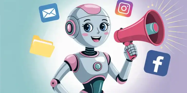 Cartoon robot with a pink megaphone surrounded by social media and email icons, representing how CustomGPTs for business can streamline communication, marketing, and digital outreach. The cheerful, tech-themed illustration highlights AI’s role in modern business engagement.