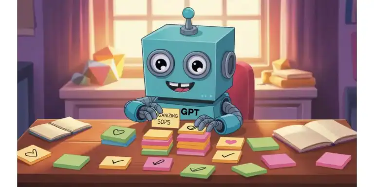 A cheerful cartoon robot labeled "GPT" sits at a desk in a cozy, sunlit room, organizing colorful sticky notes. It holds a yellow note that says "ORGANIZING SOPS," surrounded by stacks of notes featuring hearts, checkmarks, and stars, with open notebooks nearby—suggesting productivity and planning.