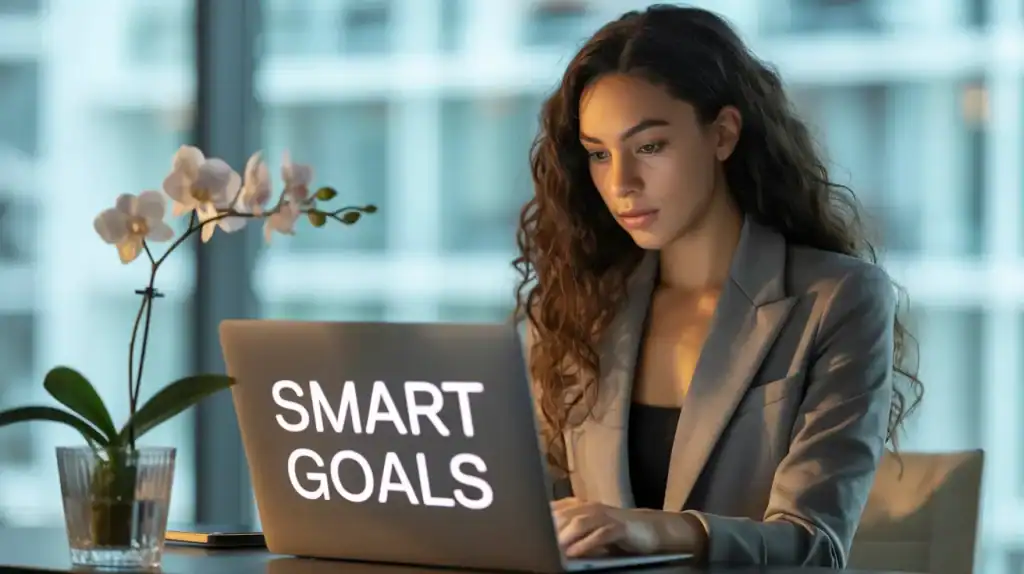 A woman in a gray blazer with long curly hair sits at a desk, focused on her laptop screen, which displays the words "SMART GOALS" in bold white letters. A white orchid in a glass vase and a smartphone lie on the table beside her, with a softly blurred office window in the background.