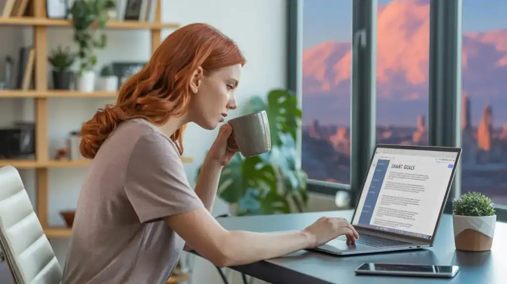 A woman with long red hair sits at a modern desk, holding a grey mug in one hand and typing on a laptop with the other. The laptop screen displays a document titled "SMART GOALS" with bullet points, while a large window behind her reveals a city skyline at sunset and a mountain bathed in pink light.