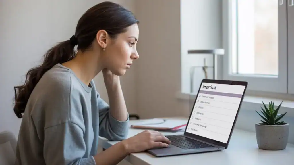 A diverse group of four women sit around a conference table in a bright office, actively collaborating with laptops, coffee mugs, and a spread of colorful sticky notes labeled "IDEAS." Two women are taking notes while the others contribute to the discussion, suggesting a focused team meeting or brainstorming session.
