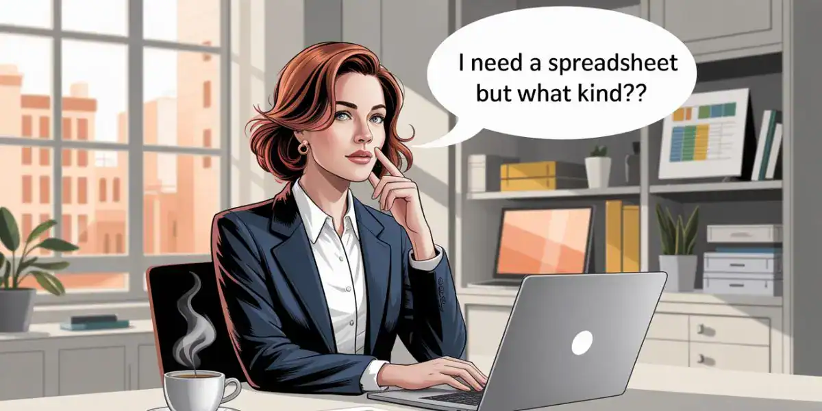 woman at her desk thinking "I need a spreadsheet but what kind?"