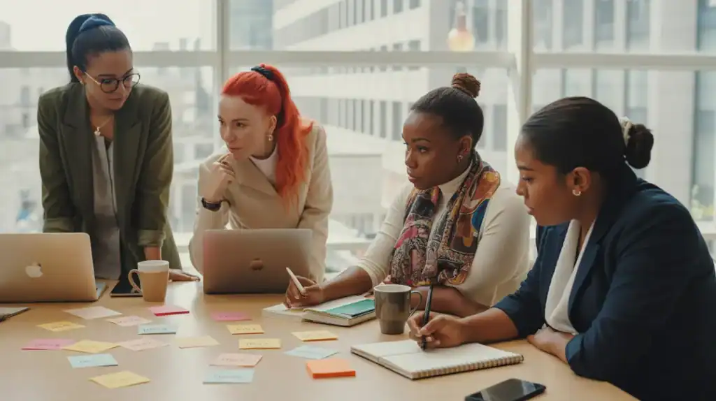 Four women collaborate around a table in a modern office space, surrounded by laptops, notebooks, coffee mugs, and colorful sticky notes labeled with ideas. They appear engaged in discussion, suggesting a brainstorming or project planning session in a professional setting.