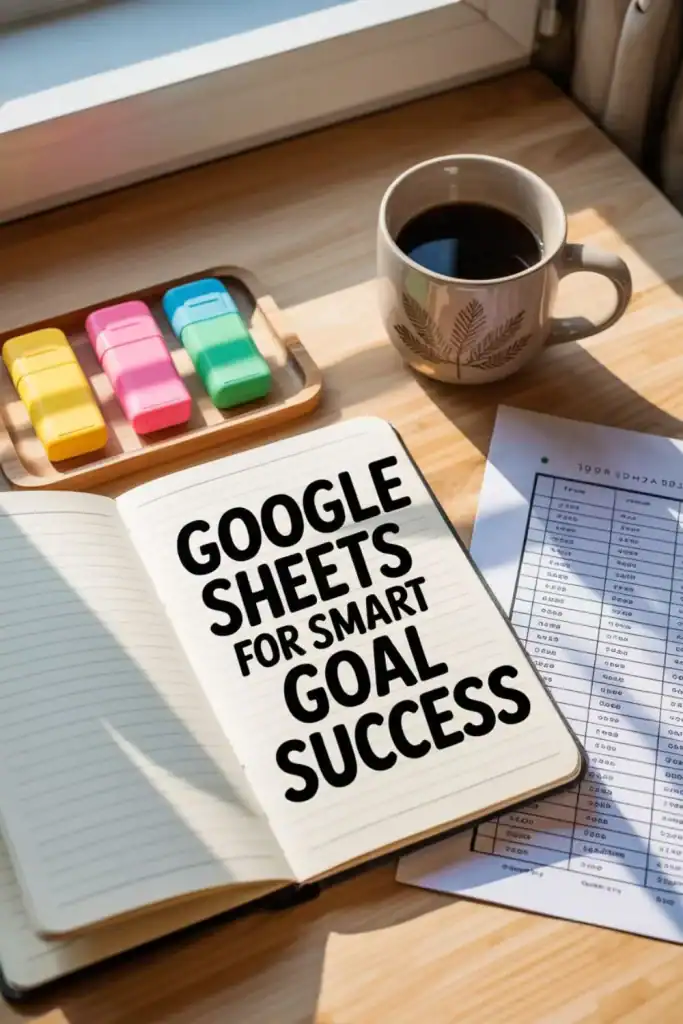 An open notebook with the bold title “Google Sheets for SMART Goal Success” lies on a wooden desk, next to a printed spreadsheet, a mug of black coffee, and a tray of colorful highlighters in yellow, pink, blue, and green. Sunlight streams through a nearby window, creating a cozy and productive workspace vibe.