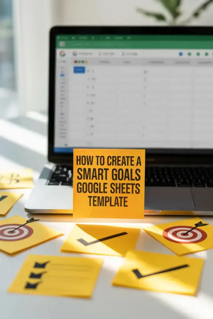 A yellow note card with the bold text “How to Create a SMART Goals Google Sheets Template” is propped on a laptop keyboard, with a Google Sheets spreadsheet open on the screen. Surrounding the card are yellow sticky notes featuring icons like targets, checkmarks, and flags, all bathed in natural sunlight.