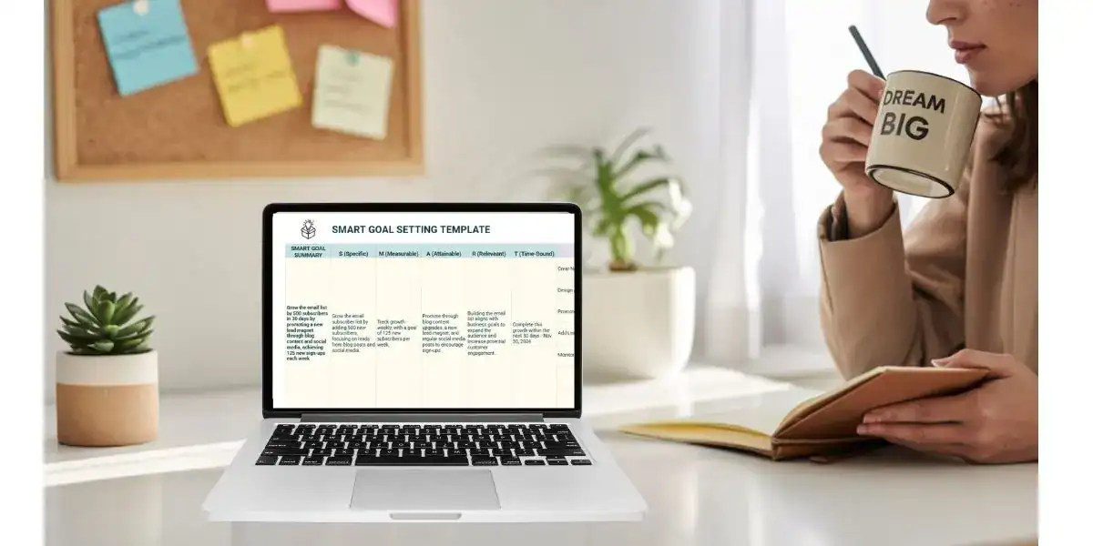 A person sits at a desk holding a beige mug labeled “DREAM BIG” while writing in a notebook. In front of them is an open laptop displaying a SMART Goal Setting Template. The workspace includes small potted plants and a corkboard with colorful sticky notes in the background, creating a clean and motivational environment.