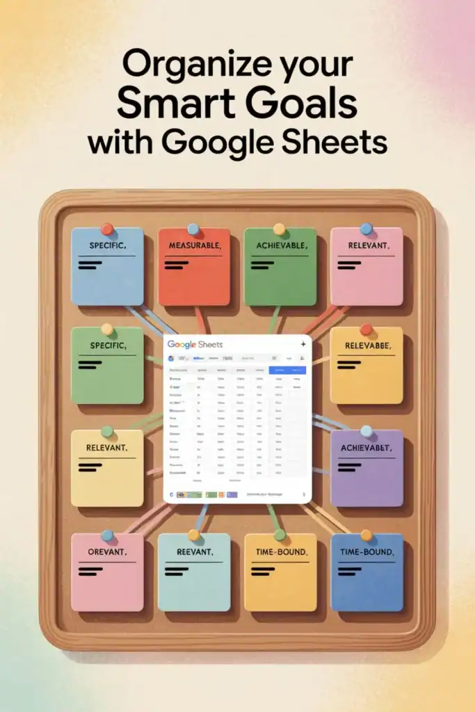 A corkboard with multicolored sticky notes labeled with SMART goal categories—such as “Specific,” “Measurable,” “Achievable,” “Relevant,” and “Time-Bound”—connects to a central screenshot of a Google Sheets document. Above the board, bold text reads “Organize your Smart Goals with Google Sheets.” Some notes have typos like “Orevant” and “Achievabet,” adding a playful or illustrative touch.