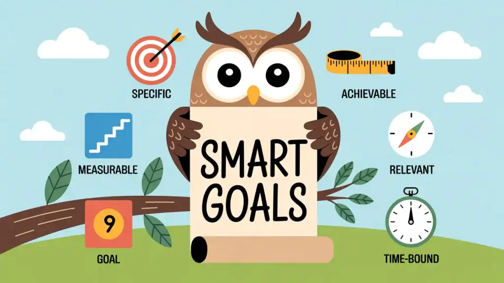 Illustration of a cartoon owl holding a scroll labeled "SMART GOALS," surrounded by icons representing each SMART goal element: a bullseye for Specific, a staircase chart for Measurable, a ruler for Achievable, a compass for Relevant, and a stopwatch for Time-bound. The background includes clouds, leaves, and a tree branch, with a playful and educational tone.