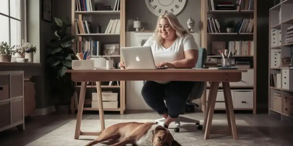 A woman sits at a wooden desk working on a laptop in a cozy home office, smiling as she types. The space features bookshelves filled with books and decor, a large wall clock, and a dog lying comfortably on the floor beneath the desk.