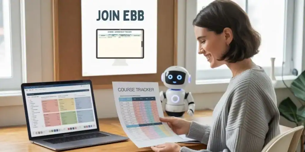 Smiling woman at a desk holding a printed “Course Tracker” spreadsheet, with a laptop open to a colorful tracking sheet and a small robot in the background. A corkboard behind her displays a sign reading “JOIN EBB” with a computer icon showing the Course/Membership Tracker.