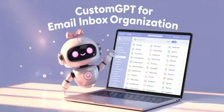 A cute robot with glowing eyes and a pink bow gestures toward a laptop screen displaying a neatly organized inbox. Above them, bold text reads “CustomGPT for Email Inbox Organization,” representing the robot’s role in helping streamline and categorize emails efficiently.