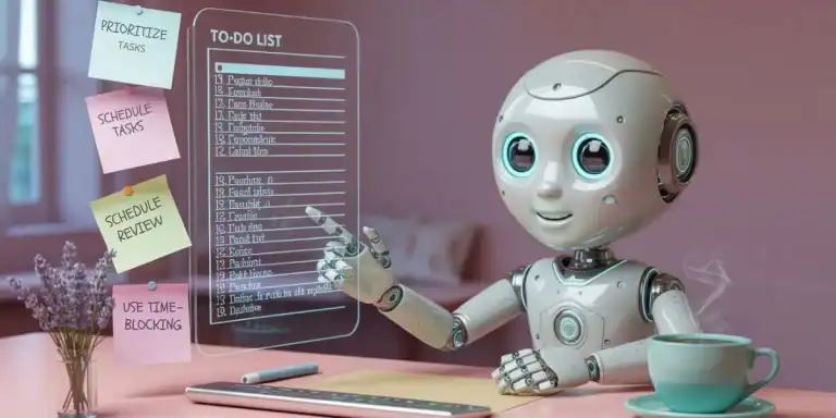 Cute humanoid robot sitting at a pink desk, smiling and pointing at a futuristic transparent to-do list screen. The desk has a lavender plant, sticky notes with tips like "PRIORITIZE TASKS" and "USE TIME-BLOCKING," a steaming coffee cup, and a digital keyboard, creating a cozy productivity setup.