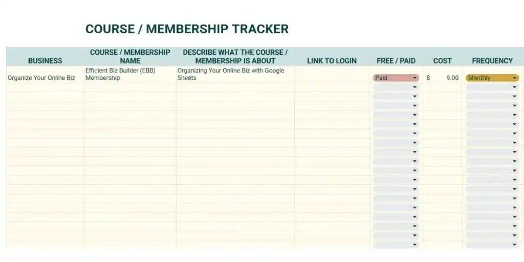 Screenshot of a Google Sheets “Course / Membership Tracker” listing one entry: “Efficient Biz Builder (EBB) Membership” under the business “Organize Your Online Biz,” described as “Organizing Your Online Biz with Google Sheets.” The entry is marked as “Paid,” costs $9.00, and is billed “Monthly.”