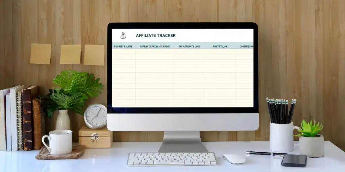 A desktop computer screen displays a spreadsheet titled "Affiliate Tracker" with columns labeled Business Name, Affiliate Product Name, My Affiliate Link, Pretty Link, and Commission. The workspace includes books, a plant, a coffee mug, sticky notes, a clock, and a cup of pencils, all arranged on a white desk with a wood-paneled background.