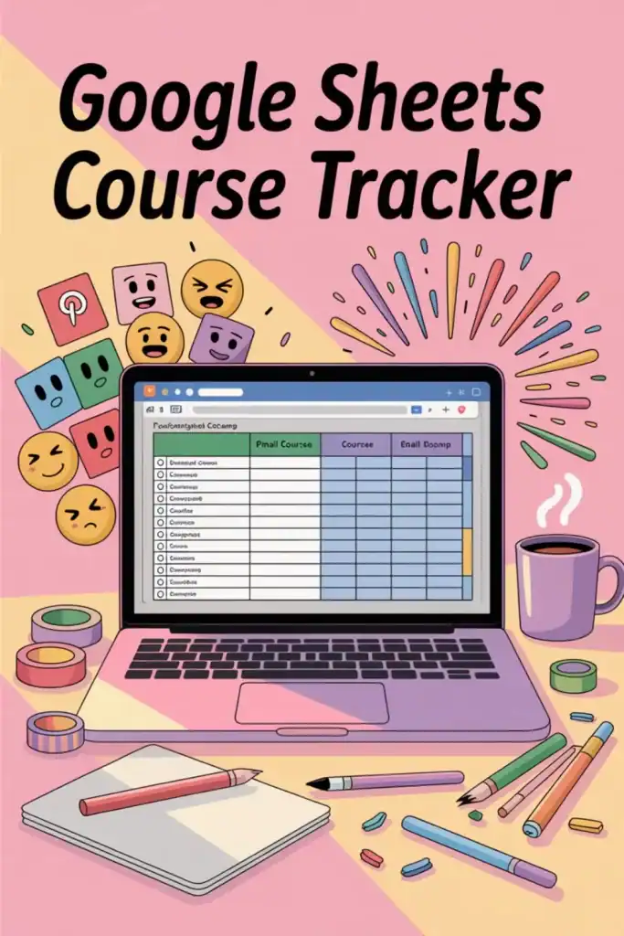 Colorful illustration of a laptop displaying a Google Sheets course tracker with labeled columns like “Email Course,” “Course,” and “Email Bootcamp.” Surrounded by cute emoji faces, pastel stationery, a steaming mug, and decorative washi tape, the scene feels playful and organized. Large text reads “Google Sheets Course Tracker” against a pink and yellow background.