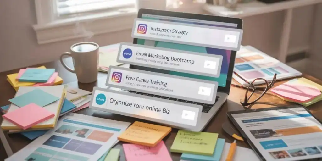 Laptop on a cluttered desk with colorful sticky notes and a tablet, displaying floating course titles: “Instagram Strategy,” “Email Marketing Bootcamp,” “Free Canva Training,” and “Organize Your Online Biz.” A coffee mug steams nearby, suggesting a productive online learning setup.