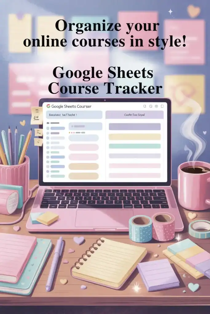 Illustrated desktop scene with pastel stationery and a pink laptop displaying a colorful Google Sheets course tracker. The text on the image reads, “Organize your online courses in style! Google Sheets Course Tracker.” A steaming mug and sticky notes add a cozy, organized vibe.