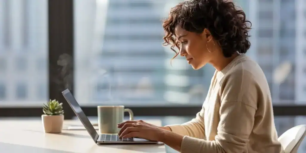 Woman with curly hair working on a laptop at a desk in a sunlit office with city views; a steaming mug and small potted plant sit beside her, suggesting a cozy, focused workspace.