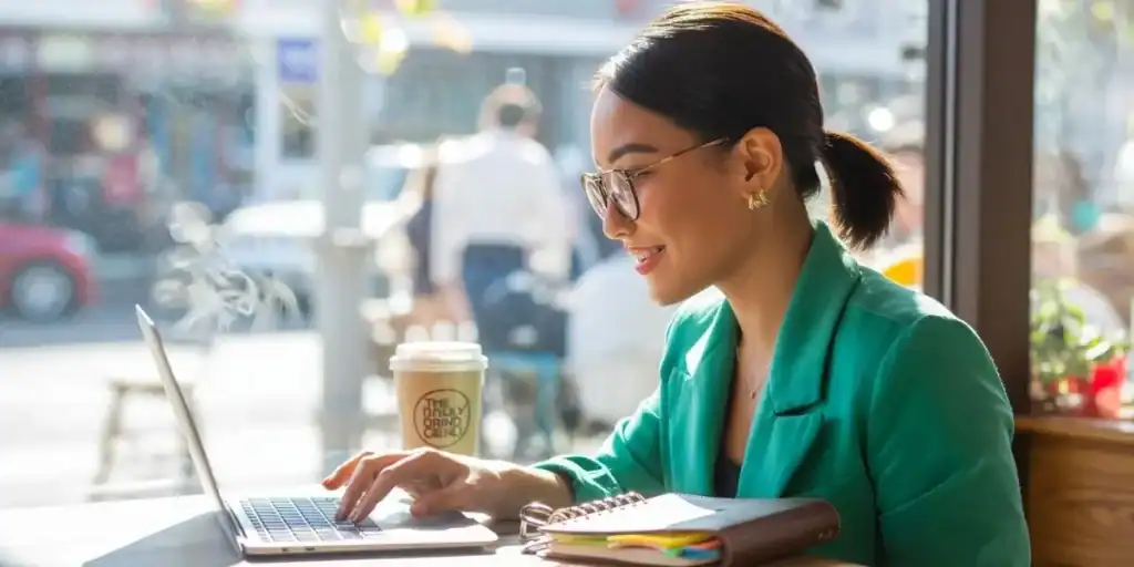 A woman wearing a green blazer and glasses works on a laptop at a sunlit café table. A coffee cup labeled "The Daily Grind Grind" sits nearby, and a notebook is open beside her. The image suggests she may be working on something like a Google Sheets receipt template in a casual, remote work setting