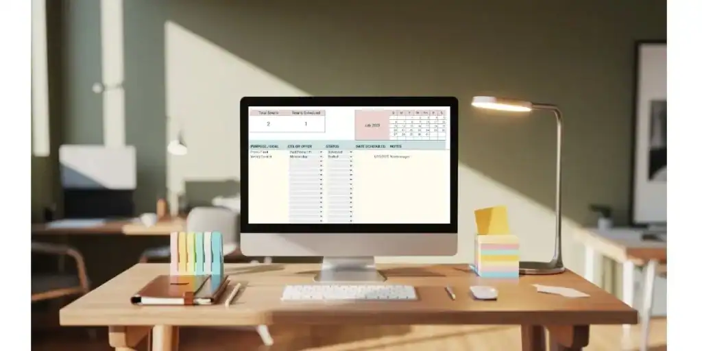Modern workspace with an iMac displaying a Google Sheets Email Marketing Template showing email goals, CTAs, statuses, and a July 2025 calendar—ideal for aligning campaigns with an Email Marketing SOP.