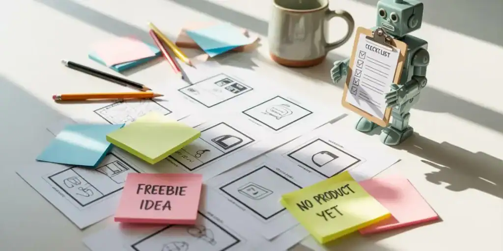 A miniature robot holds a checklist clipboard on a desk covered with wireframe sketches, sticky notes labeled “FREEBIE IDEA” and “NO PRODUCT YET,” and scattered pens. The scene captures how a CustomGPT for Organizing Content can assist in brainstorming and structuring digital product ideas efficiently.