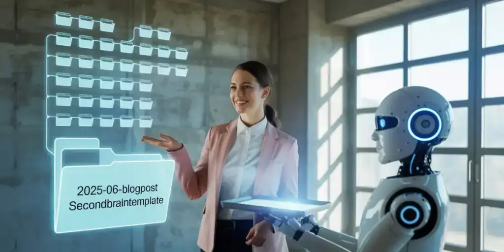 A woman in business attire gestures toward a holographic folder labeled "2025-06-blogpost Secondbraintemplate," surrounded by a branching file system, while a humanoid robot presents her with a glowing tablet. This visual represents how a CustomGPT for Organizing Content can automate structured file naming and streamline digital organization.