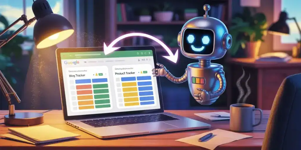 A cheerful robot gestures toward a laptop screen displaying color-coded Google Sheets titled “Blog Tracker” and “Product Tracker,” with a glowing arrow showing data flow. The cozy workspace scene highlights how a CustomGPT for Organizing Content can seamlessly sync and manage spreadsheets for streamlined productivity.
