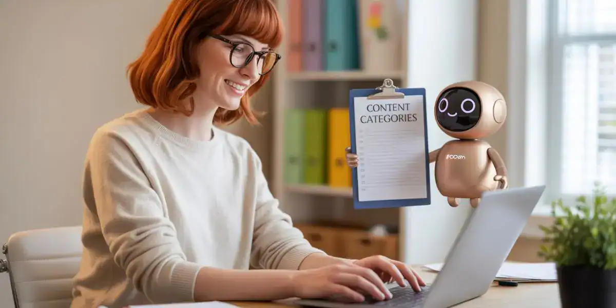 A woman working on a laptop in a home office smiles while a cute robot assistant hovers beside her holding a clipboard labeled “Content Categories.” The scene illustrates how a CustomGPT for Organizing Content can assist with categorizing and managing digital materials efficiently.