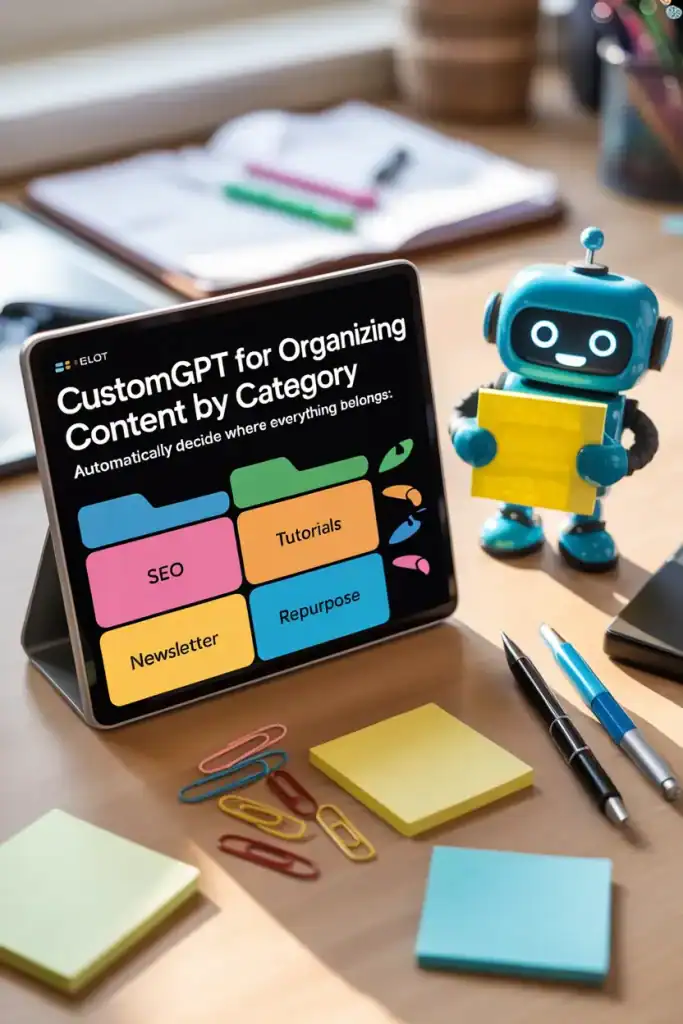 A tablet screen displays “CustomGPT for Organizing Content by Category” with labeled sections for SEO, Tutorials, Newsletter, and Repurpose, while a smiling robot holds a yellow sticky note beside it. The colorful desk setup showcases how CustomGPT can intelligently sort content into categories for efficient workflow.