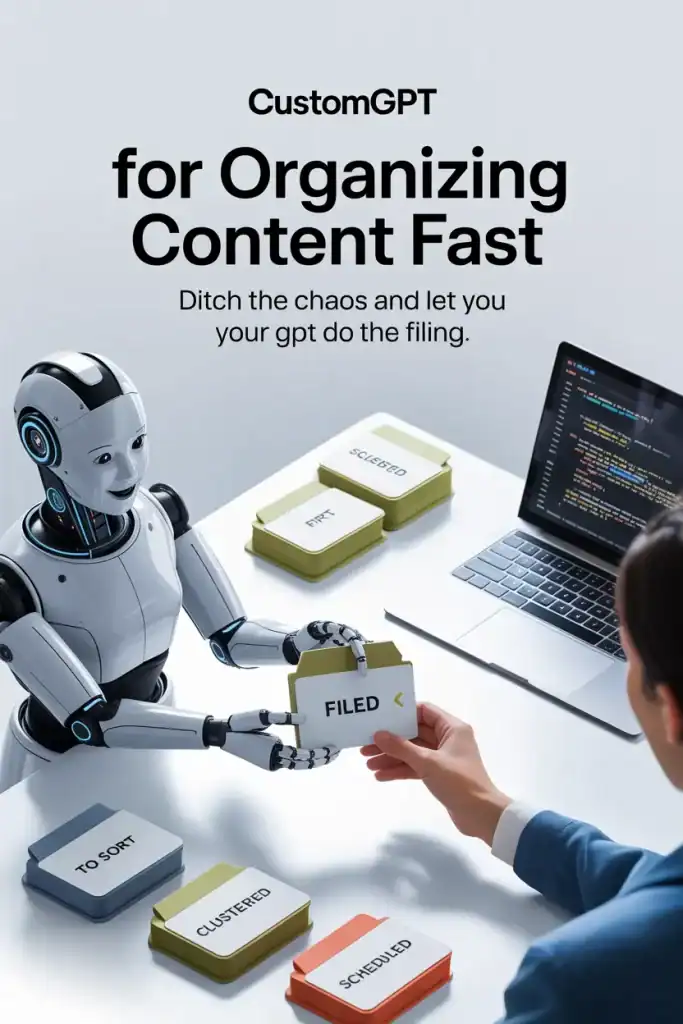 A humanoid robot hands a folder labeled “FILED” to a person at a desk, surrounded by neatly stacked folders marked TO SORT, CLUSTERED, and SCHEDULED, with a laptop displaying code. The image emphasizes how a CustomGPT for Organizing Content can quickly categorize and streamline digital workflows.