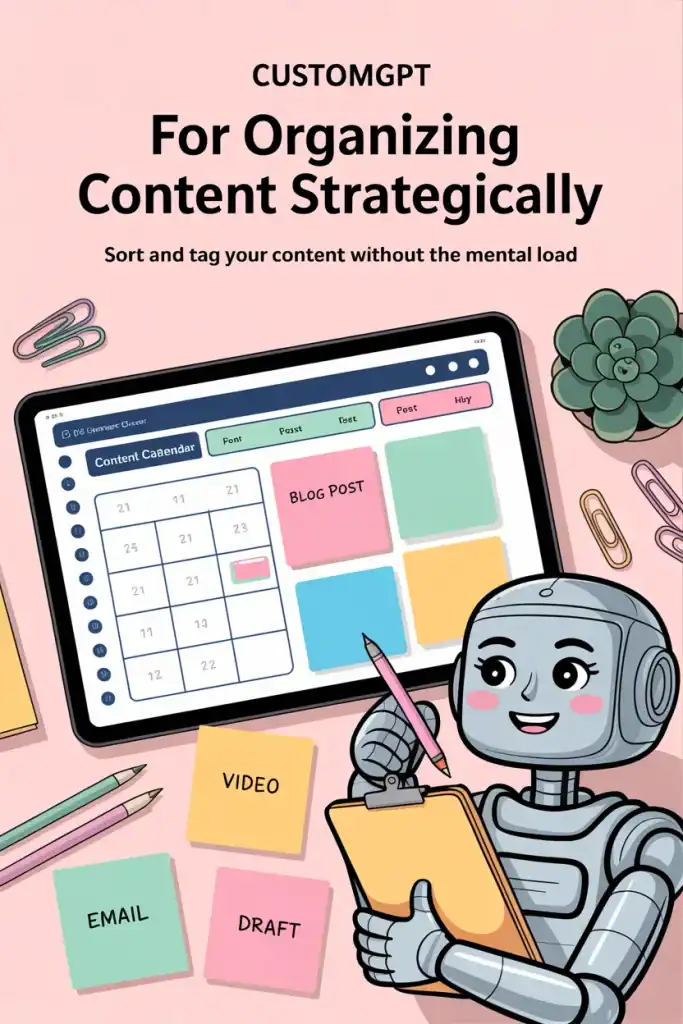 A cheerful cartoon robot holding a clipboard and pencil sits beside a tablet displaying a color-coded content calendar with sections like BLOG POST, VIDEO, EMAIL, and DRAFT. Surrounded by sticky notes and office supplies, the scene highlights how CustomGPT for Organizing Content can simplify strategic planning and tagging tasks.