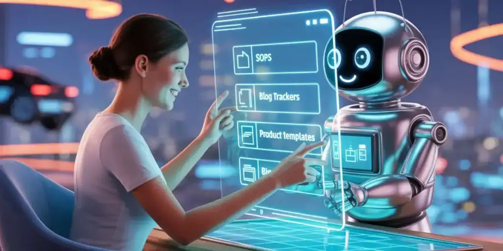 A woman interacts with a futuristic digital interface showing file folders labeled SOPS, Blog Trackers, Product Templates, and Bins, assisted by a friendly robot. The image visualizes how a CustomGPT for Organizing Content can streamline digital file management in an intuitive and high-tech way.