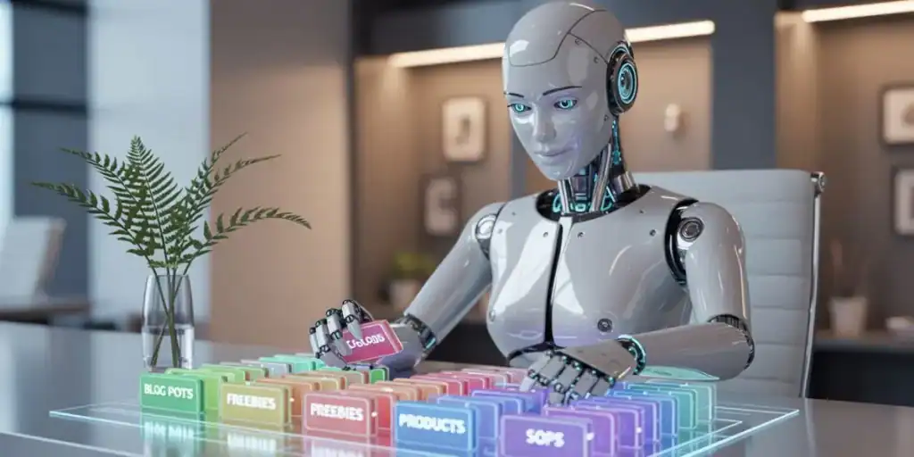 A humanoid robot sits at a sleek desk sorting colorful holographic folders labeled BLOG POSTS, FREEBIES, PRODUCTS, and SOPS, with a “COURSES” tab in hand. This futuristic scene illustrates how a CustomGPT for Organizing Content can efficiently manage and categorize digital assets for streamlined content strategy.